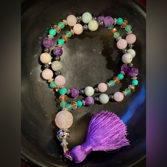 Mala Prayer Bead Necklace 14" with matching stretchy bead bracelet - Picture 1 of 8